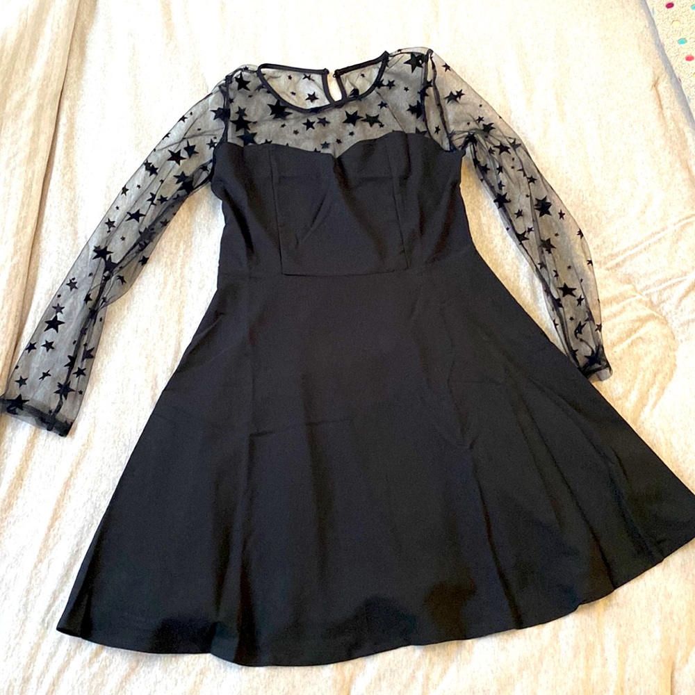 SHEIN Star Mesh Sleeve Black Dress